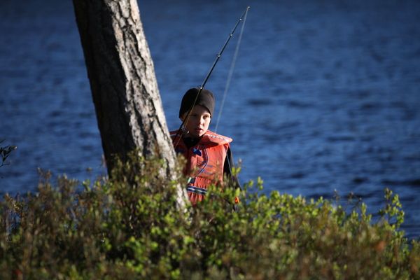 Nuori poika pelastusliiveissä katsoo kohti kameraa puun takaa. Pojalla on kädessään virveli.