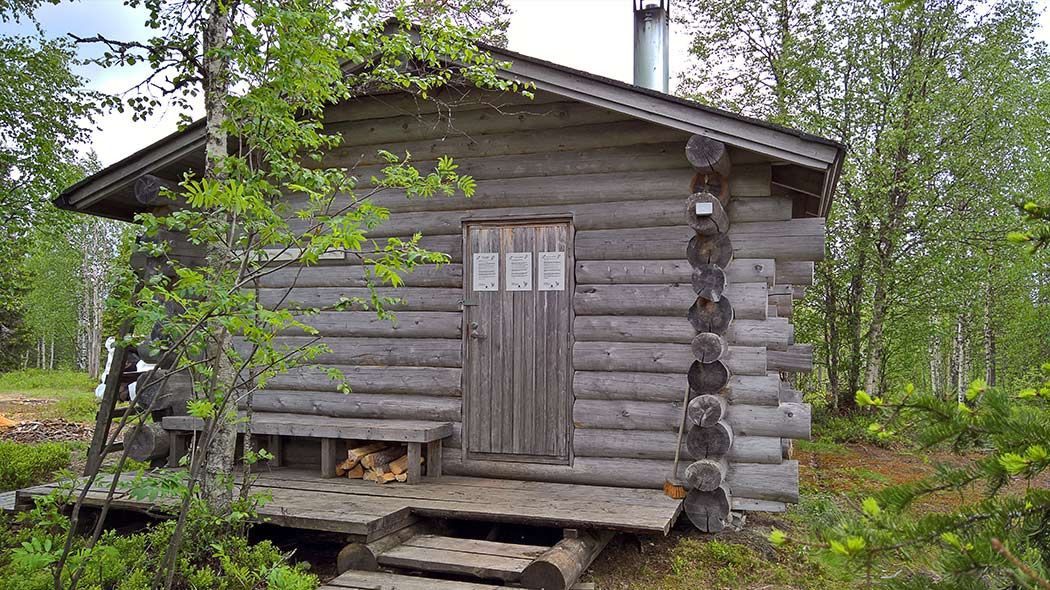 Hirsirakenteinen saunarakennus kesäisessä luonnossa.