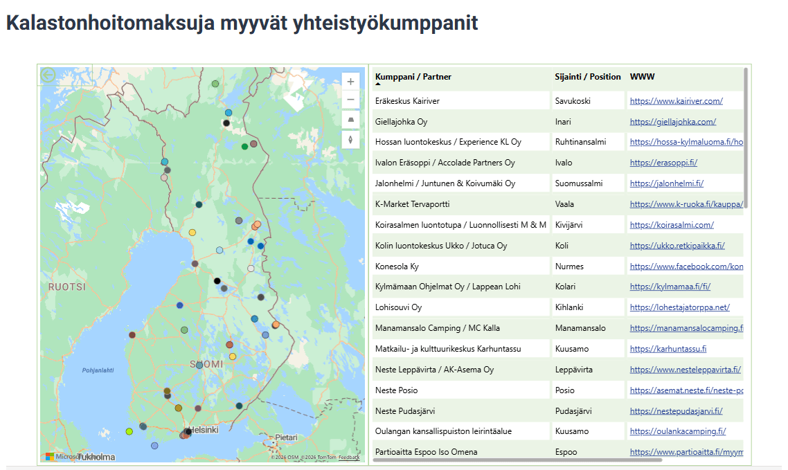 Vasemmalla kartta, jolla näkyy eri värisiä palloja. Oikealla lista myyntipaikoista.