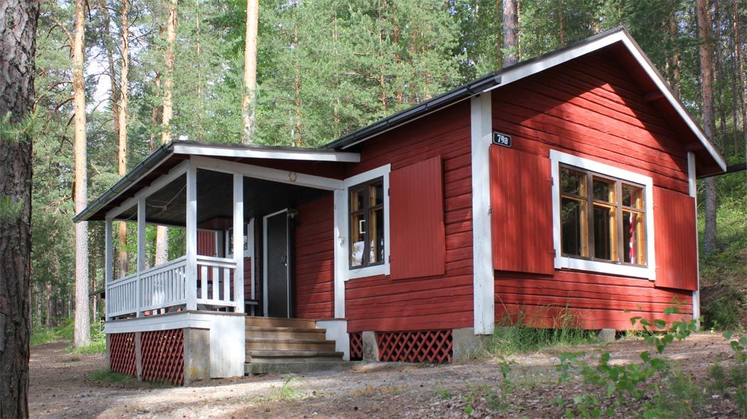 Mökki mäntyjen keskellä kesällä.