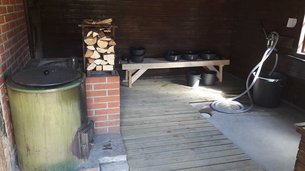 In the forefront, there is a water vat and firewood. Sauna benches in the background.