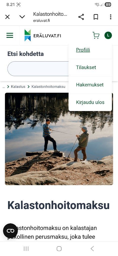 Kuva Eräluvat.fi-palvelun sivusta, jossa voi maksaa kalastonhoitomaksun.