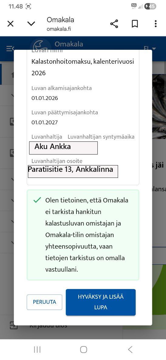 Kuva Omakala-palvelusta, jonne voi siirtää kalastonhoitomaksun näkyviin.