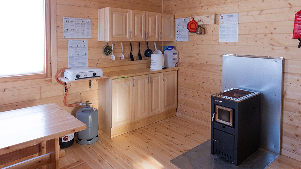 Kitchenette and fireplace.
