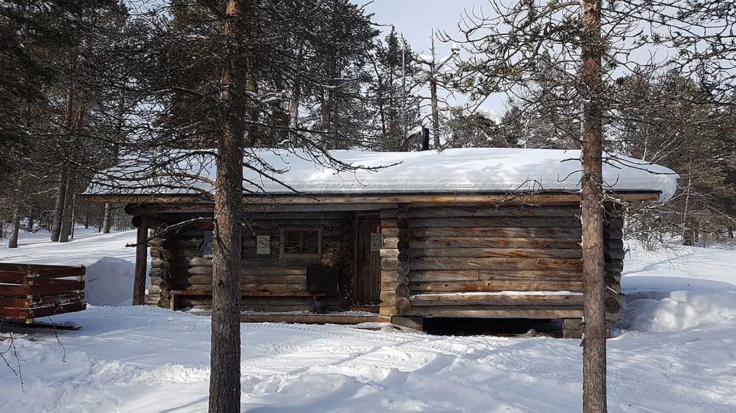 Varaustuvan pihalla kasvaa mäntyjä ja pihalla on paljon lunta.