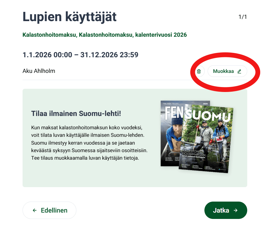 Kuva Eräluvat-palvelusta kohdasta, jossa asiakas pääsee valitsemaan Suomu-lehden tilauksen.