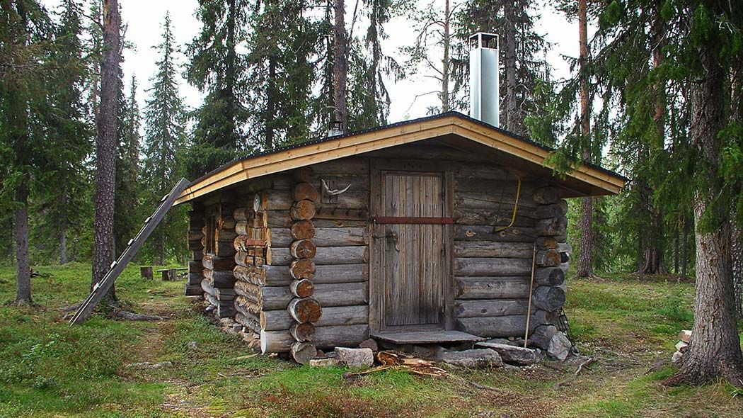 Hirsirakennuksen pääty. Oven vieressä pokasaha.
