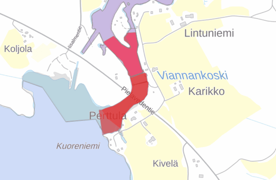 Kartta lakkautettavasta Viannankosken kalakohteesta ja siinä näkyy kalastuskieltoon menevä alue.