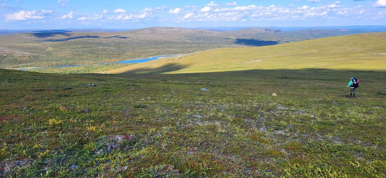 A hiker stands in the open fell with a backpack on their back.