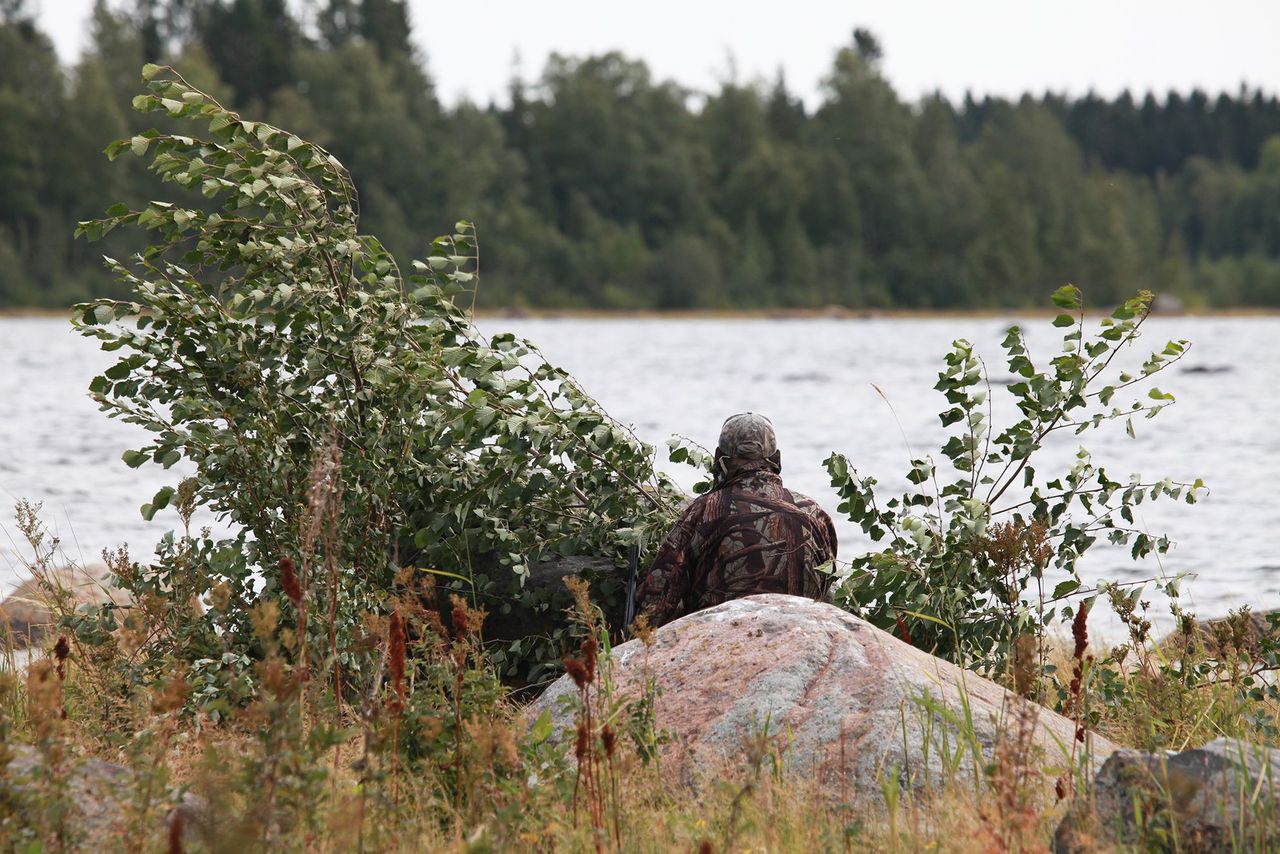 Kiven takana istuu metsästäjä vihreässä asussa. Metsästäjä tähystää merelle.