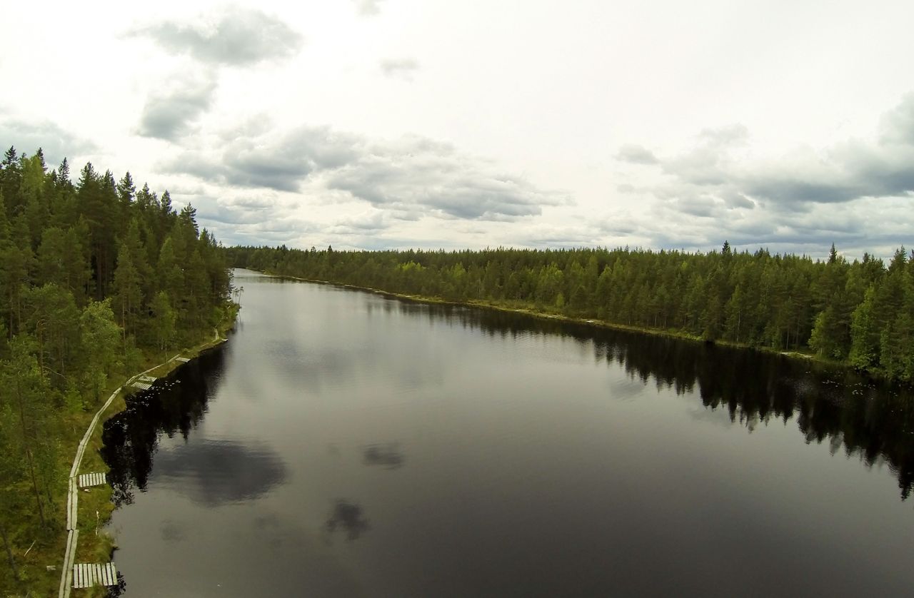 An aerial view showing a pond. On one edge of the pond, there is a boardwalk, and forests grow along the shores. The sky is cloudy.